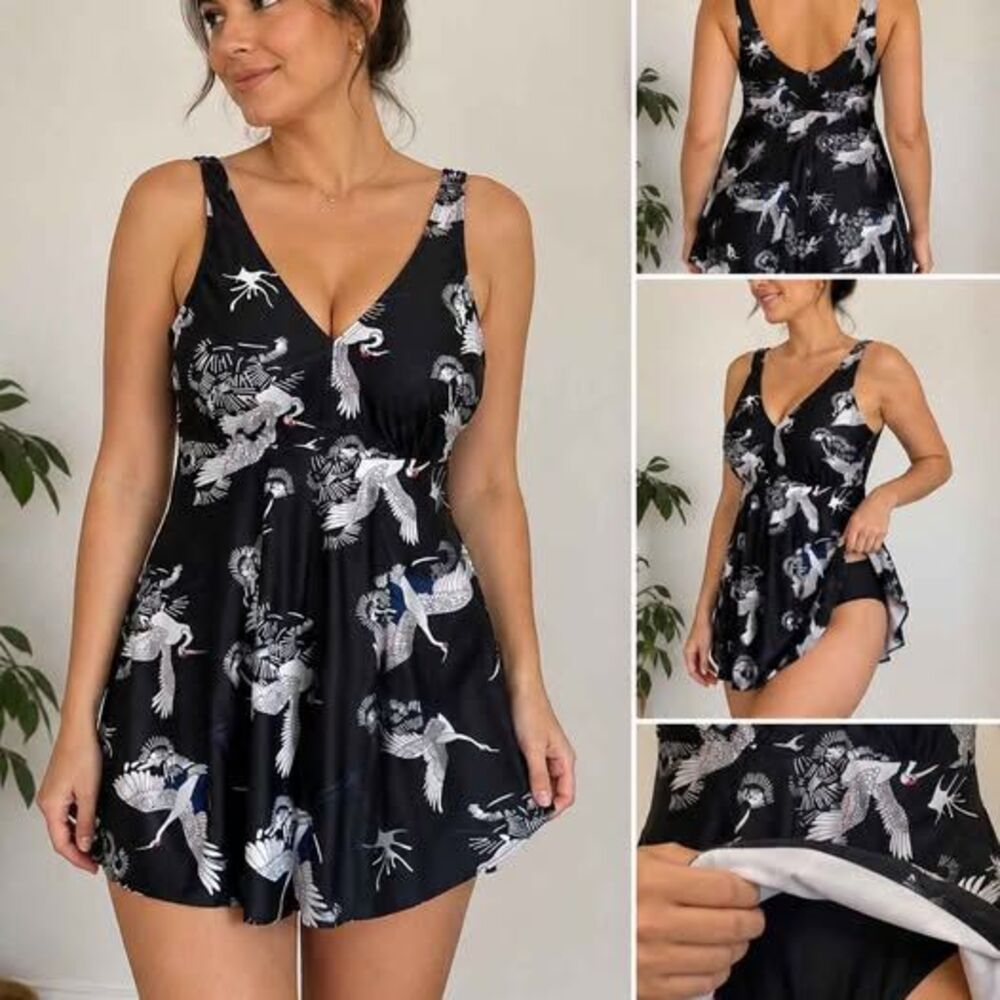 Kimi + Kai Crane Print Swim Dress One Piece S